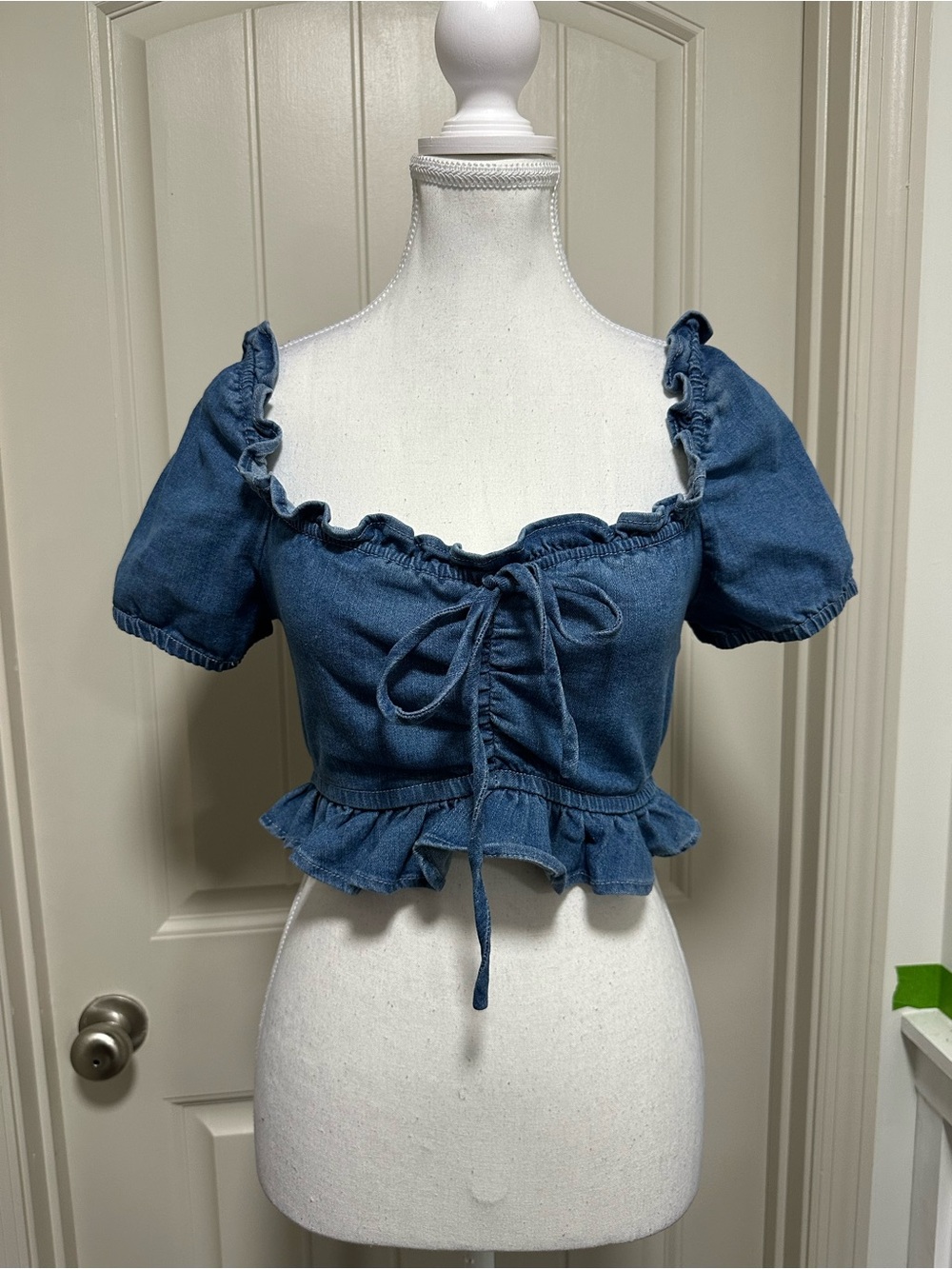 iris Denim Ruffle Tie-Front Crop Top - Blue